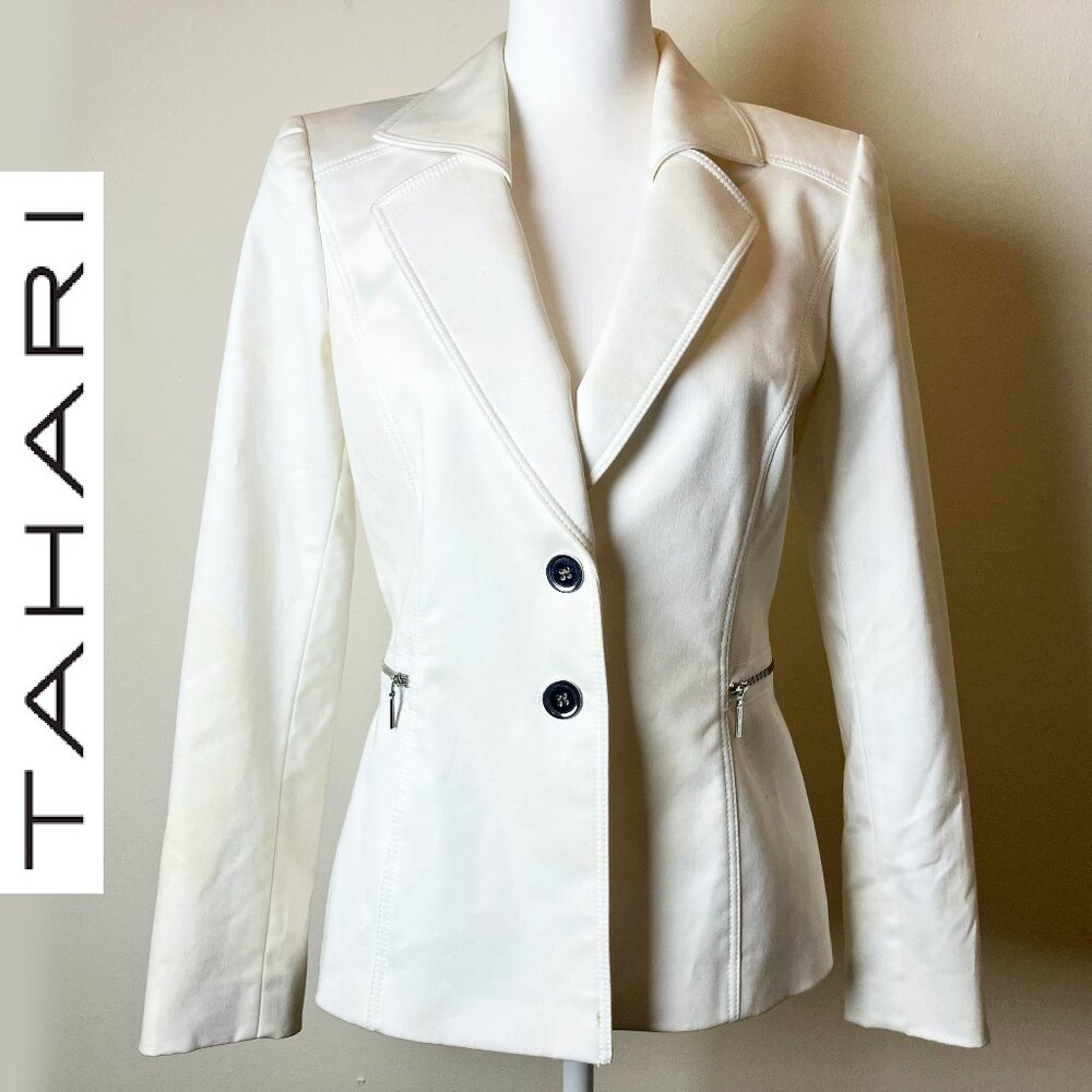 Tahari ASL White Tailored Women's Jacket with Zippered Front Pockets | Size 4